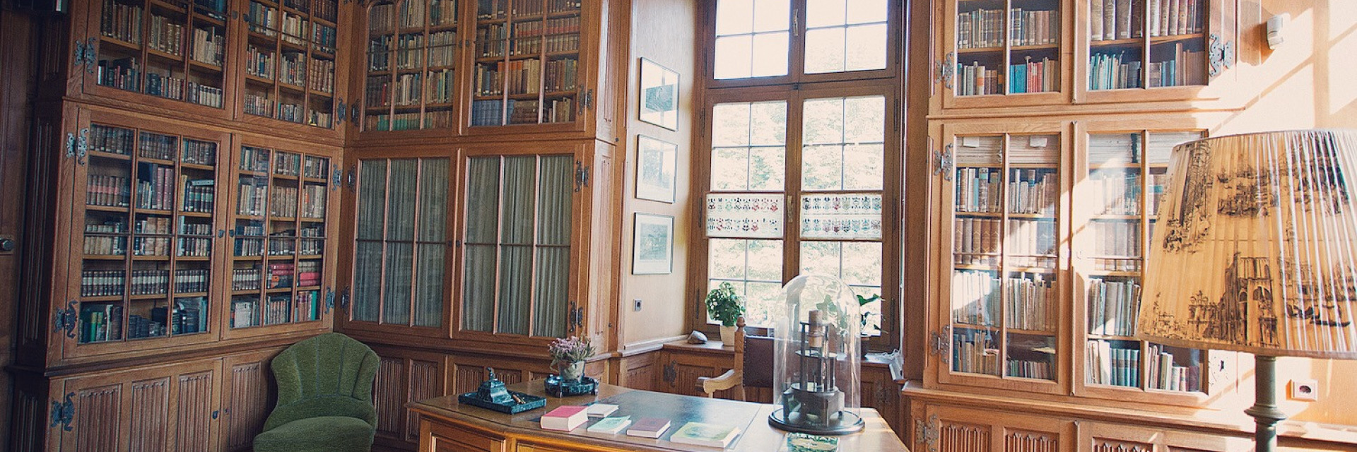 Die &raquo;Bibliothek&laquo;, einer der R&auml;ume im Museum auf Burg H&uuml;lshoff. Die W&auml;nde sind eingekleidet mit B&uuml;cherschr&auml;nken. In der Mitte des Raums steht ein gro&szlig;er Schreibtisch mit einem alten Mikroskop darauf. Au&szlig;erdem im Raum: ein Sessel, eine Lampe und ein Kronleuchter. Im Vordergrund steht eine kleine Vitrine mit Ohrringen aus dem Besitz Drostes.