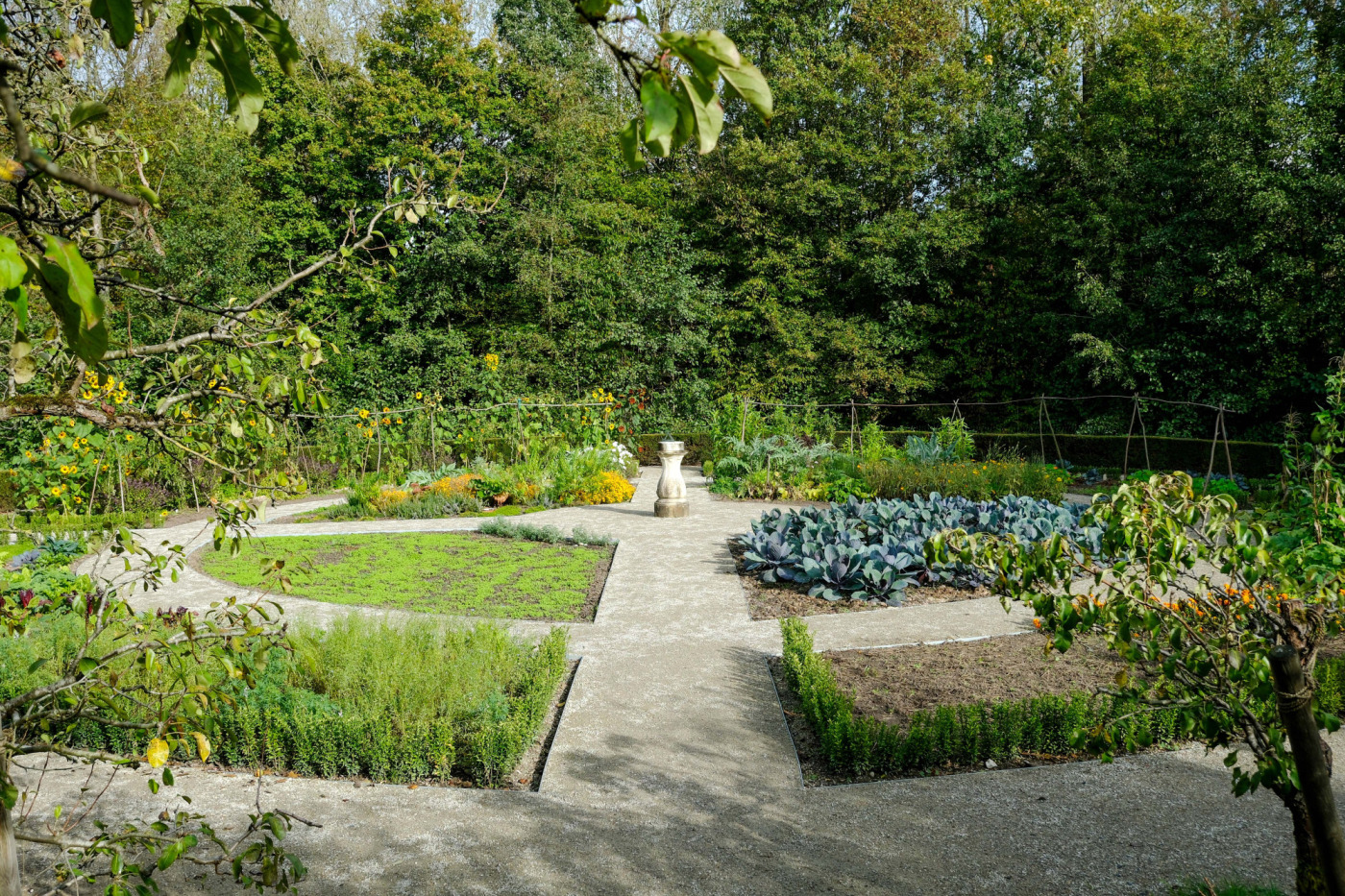 Bepflanzter Mitmach-Garten mit verschiedenen Beeten. Die Gartenanlage ist kreisförmig angelegt. Zwischen den Beeten verlaufen ringförmige Wege aus Schotter. Die Pflanzen sind noch überwiegend grün. Erste Herbstfarben sind zu sehen.