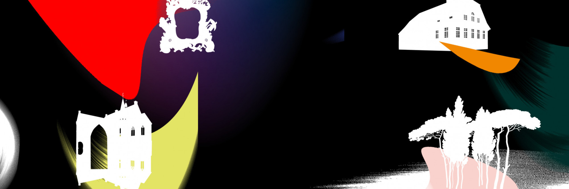 Symbolbild aus dem Design des Festivals. Grafik in dunklen Farben. In Wei&szlig; sind Scherenschnitte von R&uuml;schhaus, Burg und Pflanzen in den Bildraum gesetzt.