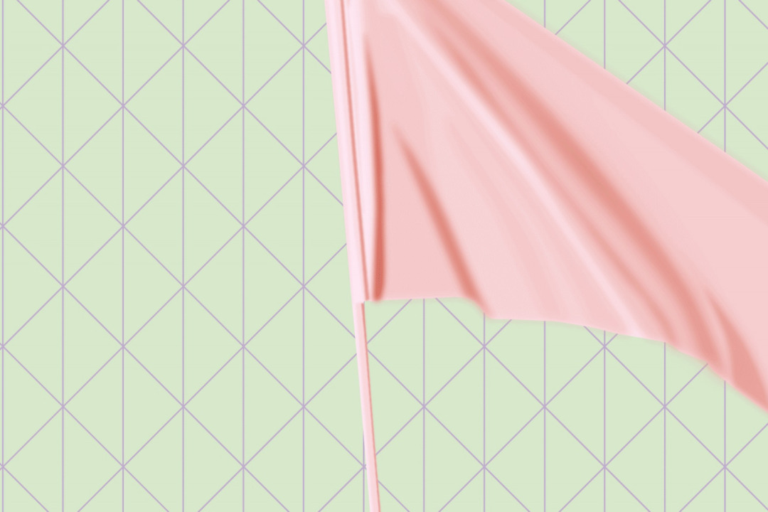 Symbolbild aus dem Design des Festivals. Hellgrüner, strukturierter Hintergrund mit einer rosa Fahne im Vordergrund.