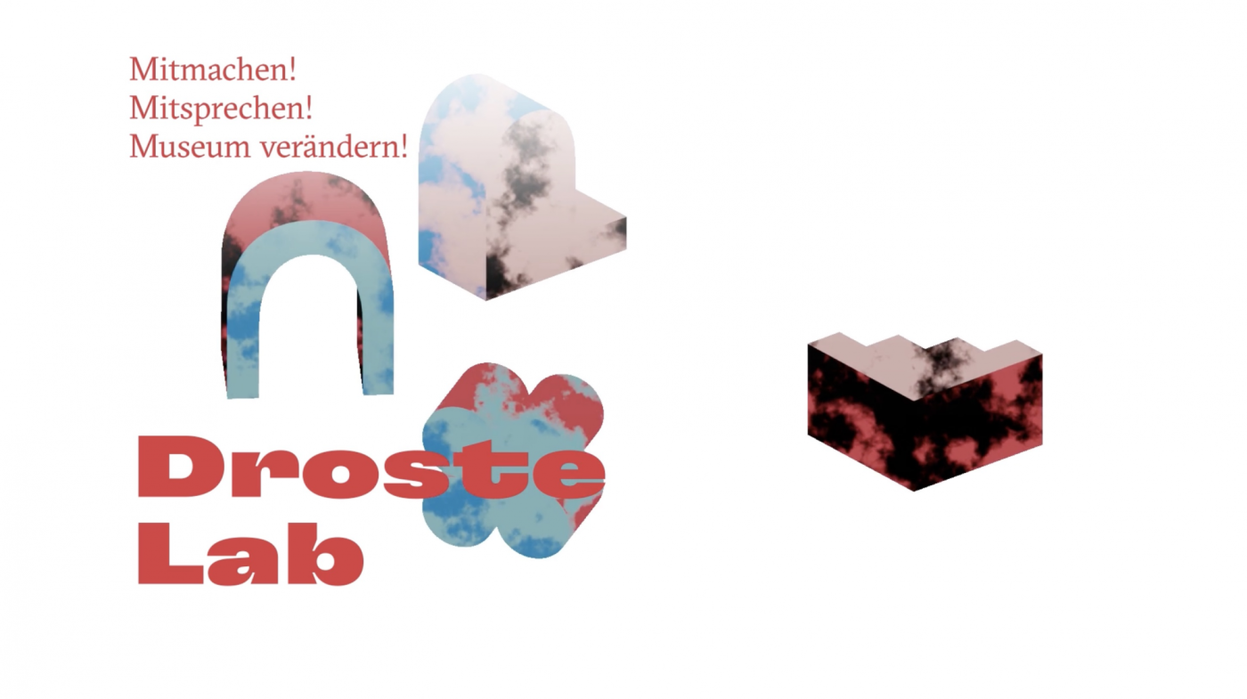 Grafik zum Projekt. Schrift: &raquo;Mitmachen! Mitsprechen! Museum ver&auml;ndern! Droste Lab.&laquo; Abstrakte Formen, die an Baukl&ouml;tze erinnern.
