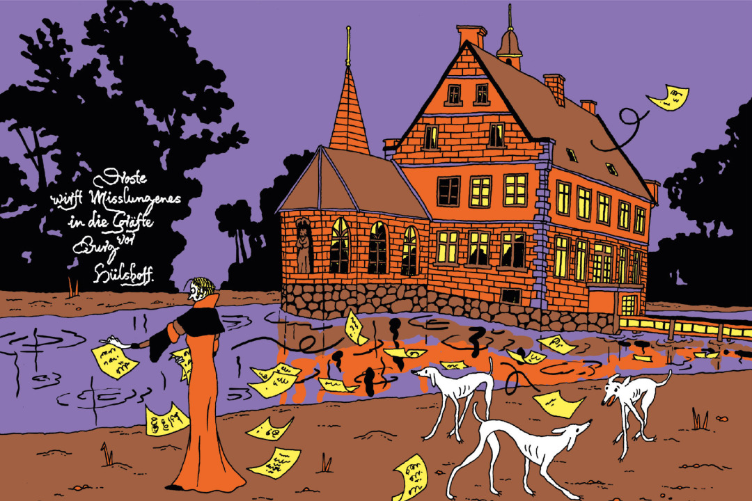 Illustriertes Plakat aus der LORE 2025 von Anna Haifisch: Droste Wirft Misslungenes in die Gräfte